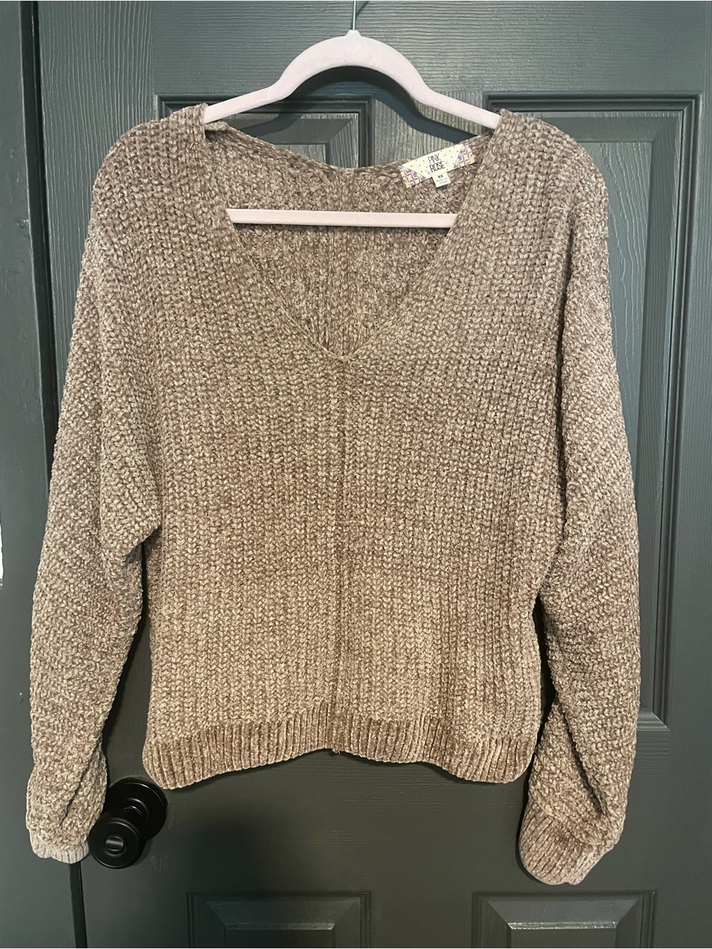 Pink Rose Taupe V-Neck Chenille Sweater